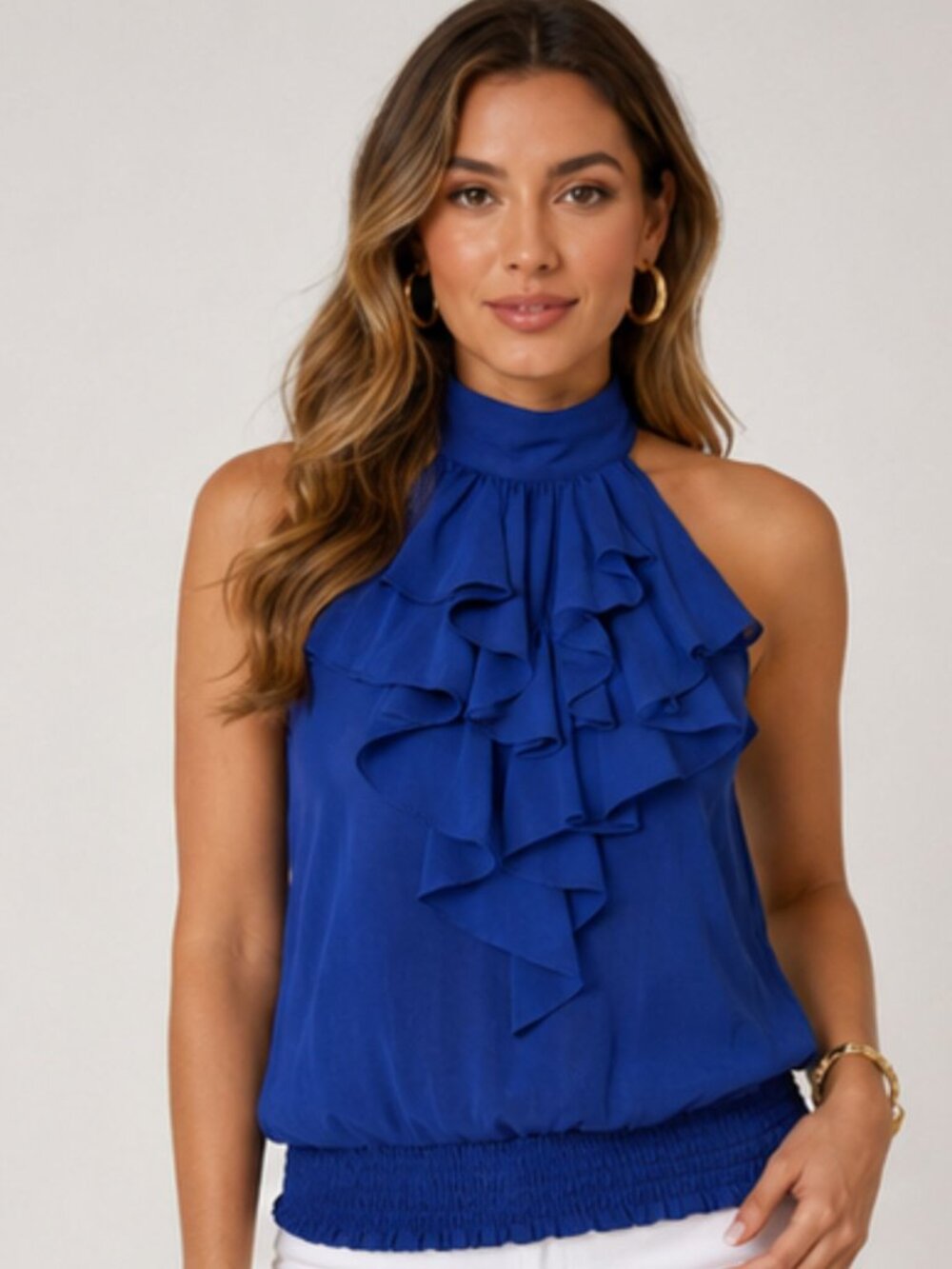 Forever 21 XXI Royal Blue Ruffle Halter Blouse Open Back Size Small